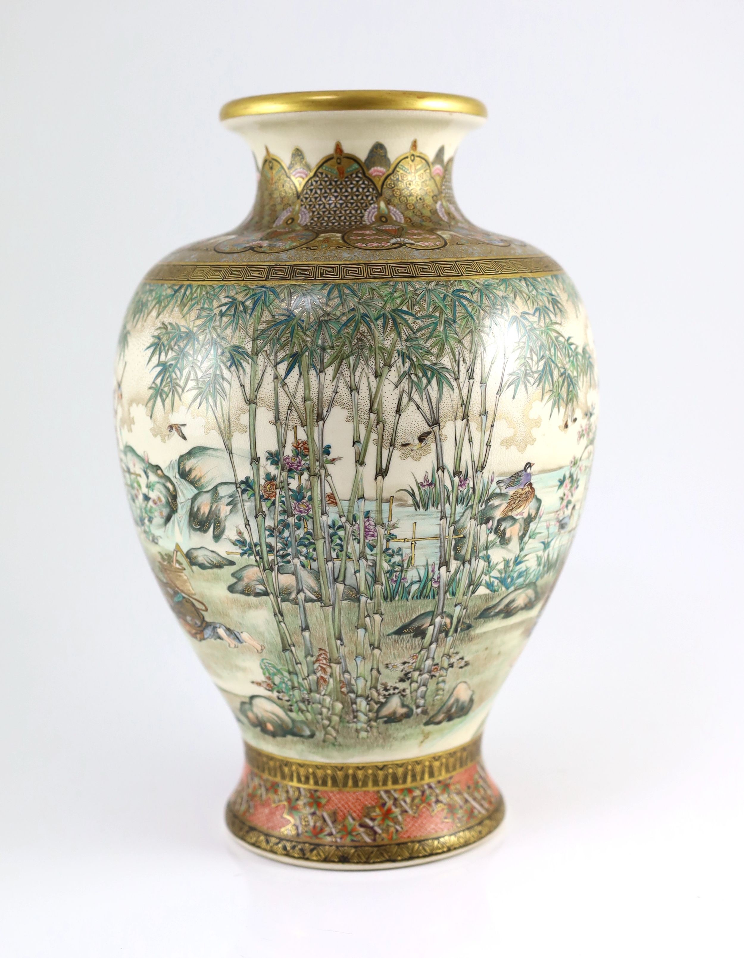 A fine Japanese Satsuma pottery vase, signed Takezan, Meiji period, 31cm high